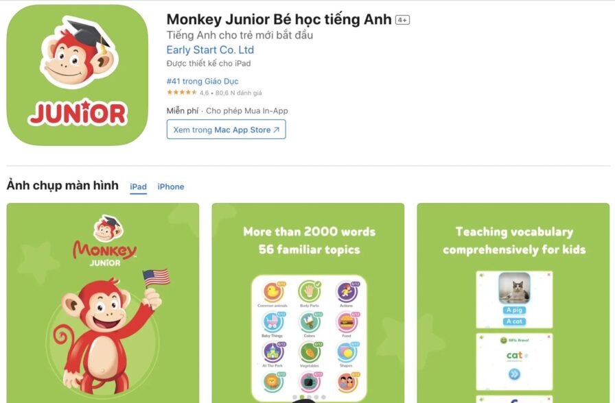 Ứng dụng học tiếng Anh cho bé: Monkey Junior