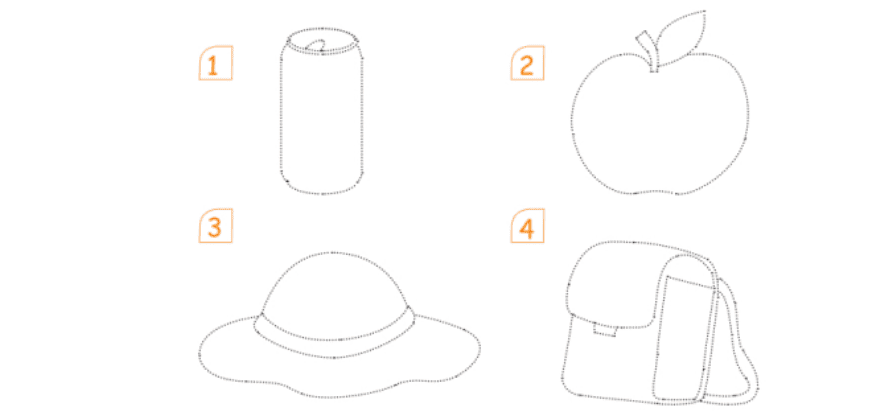 Project: Trace the apple, the can, the bag, and the hat. Then point and say. 