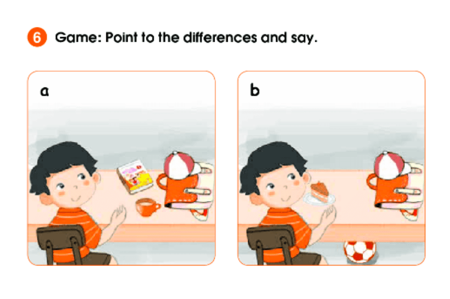 Tiếng Anh lớp 1 unit 2: Game: Point to the differences and say. (Trò chơi ô chữ. Chỉ và nói.)