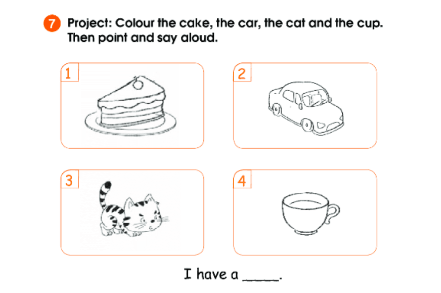 Tiếng Anh lớp 1 unit 2: Project: Colour the picture. Then point and say aloud. (Dự án: Tìm và tô màu. Chỉ và nói.)