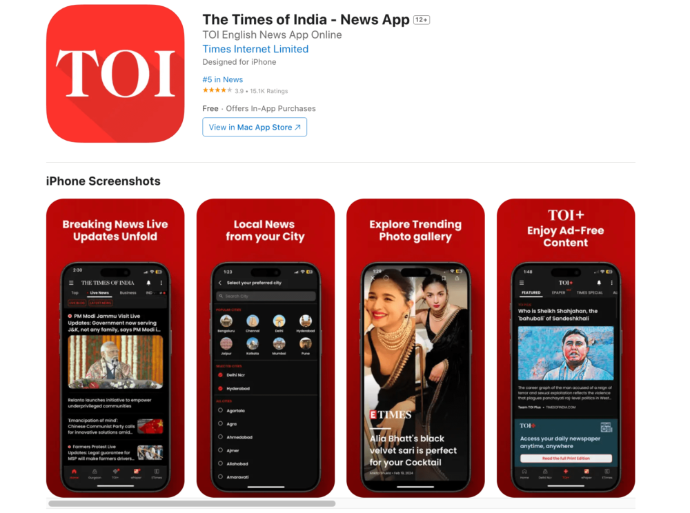 App đọc báo song ngữ The Times of India