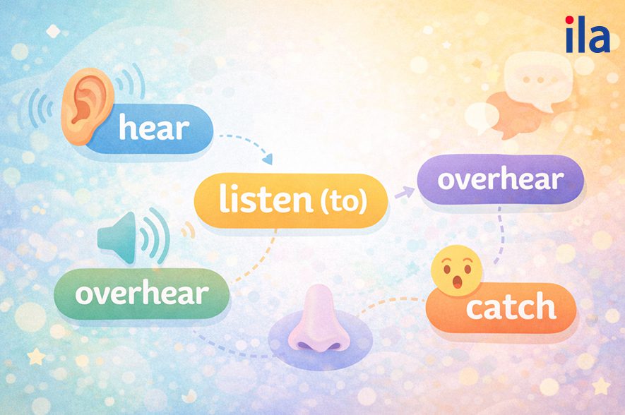 hear, listen (to), overhear, catch