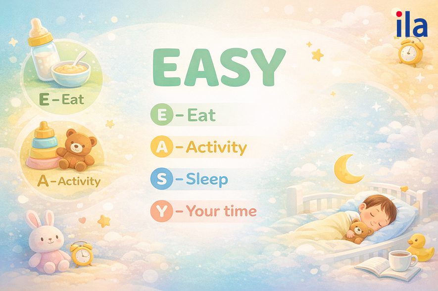 EASY là viết tắt của bốn hoạt động cơ bản trong một chu kỳ sinh hoạt của bé