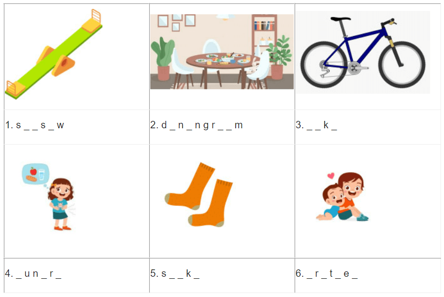 Đề thi tiếng Anh lớp 2 Family and Friends yêu cầu điền từ vựng tương ứng theo tranh.