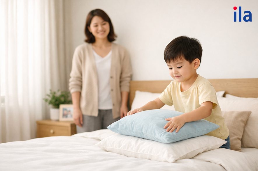 dạy con gấp chăn, xếp gối